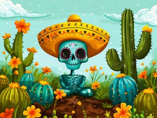 A cartoon skeleton wearing a mexican hat and sitting in the desert.