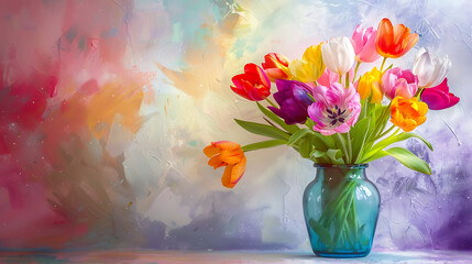 Colorful spring flower bouquet in vase pastel painted color background