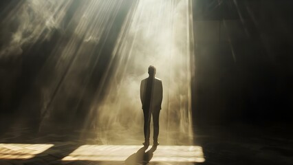 Obraz premium Director stands in a beam of light, casting a shadow: artistic and dramatic. Concept Light and shadow contrast, Artistic photography, Director in spotlight, Dramatic composition