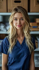 Attractive Young Female Nurse in Blue Scrubs Posing in Hospital Storage Area