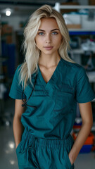 Professional Young Female Nurse in Teal Scrubs Inside Modern Hospital Setting