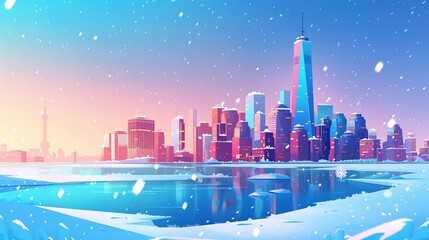 Fototapeta na wymiar Snowy urban skyline at frozen waterfront bay. Urban 2D cityscape architecture in the snowfall. Separated skyscraper buildings for game animation. Cartoon modern illustration.
