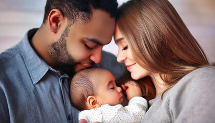 A serene portrait of parents with their happy, peaceful, and calm baby