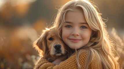 Beautiful smiling little girl with holding a small puppy in golden light. Happy child and cute puppy
