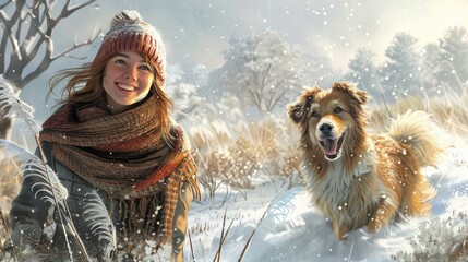 A young caucasian woman is playing happily with the dog in the snow in a in snow covered country landscape during in winter while snowing. Pet Love and Companionship