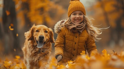 A little smiling girl walks through an autumn park with her beloved kind dog, which playfully runs along the yellow autumn leaves