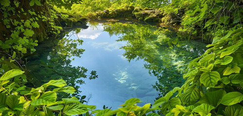 An image of a clear, natural spring surrounded by verdant foliage, the purity of the water reflecting the sky above. The surrounding greenery frames a tranquil pool, 