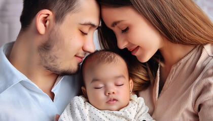 A serene portrait of parents with their happy, peaceful, and calm baby