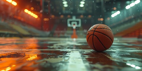 A basketball court with a ball on the ground and a hoop in the background.