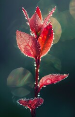 A beautiful red flower with morning dew on its petals.