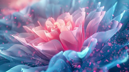 A beautiful flower with pink petals and blue leaves. The flower is surrounded by a soft light.