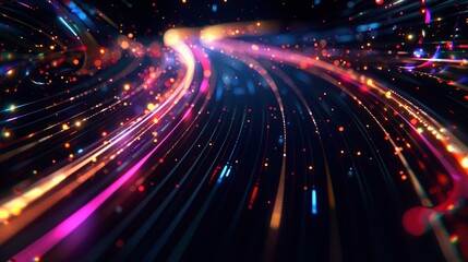 Obraz premium Abstract background with colorful glowing lines and bokeh lights on a dark black space, depicting a futuristic technology concept.