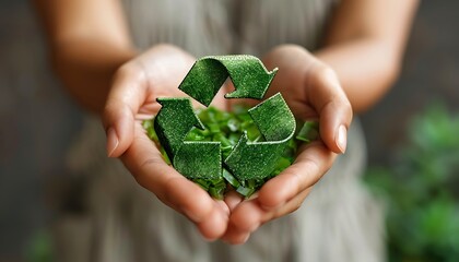 "Promoting Environmental Awareness: Close-Up of Hands Holding Vibrant Green Recycling Symbol"