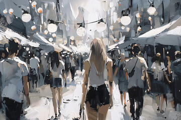 Abstract urban scenes depicting crowds at outdoor music festivals. Artistic representation of summer music events in expressive brushstrokes. Summer music festival concept for design and poster