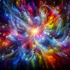 Rainbow Rapture  characterized by abstract colorful shapes cascading and intertwining in a radiant display of vibrant hues and energetic patterns