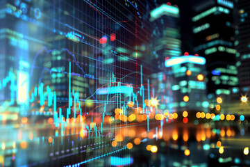 Fototapeta premium Stock market business concept with financial chart on screen and metropolis. A vibrant city skyline reflects the fluctuating stock market graph symbolizing economic activity