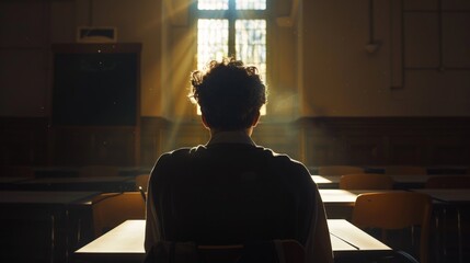 A student sits alone in a classroom, looking out the window.