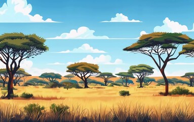 
Savannah with tall grass and scattered trees. African savanna landscape with trees. Vector illustration in a very beautiful flat style