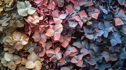 A wall of colorful dried hydrangeas.