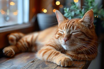 Ginger cat lounging lazily on a sunny windowsill, cozy room interior