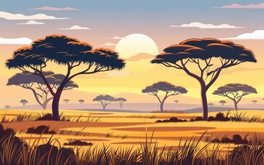 
Savannah with tall grass and scattered trees. African savanna landscape with trees. Vector illustration in a very beautiful flat style