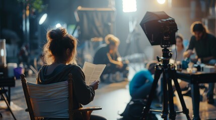 A woman sits in a chair on a film set, reading a script.
