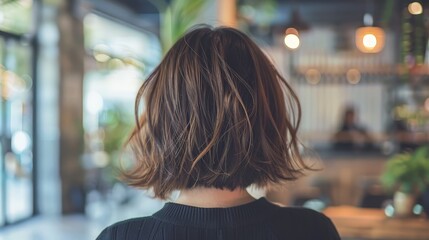 An image of a woman with short brown hair from behind.