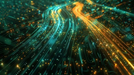Obraz premium Circuit board with glowing green and yellow lines