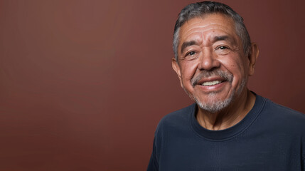 A man with a big smile on his face is wearing a blue shirt