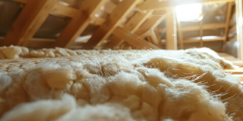 Insulation of a roof structure with wood wool. Close-up of a layer of mineral wool for insulation and soundproofing of walls and roof.