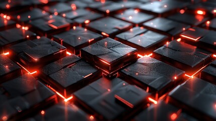 Obraz premium 3d perspective of black square block texture, shiny red LED