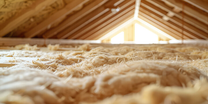 Insulation of a roof structure with wood wool. Close-up of a layer of mineral wool for insulation and soundproofing of walls and roof.