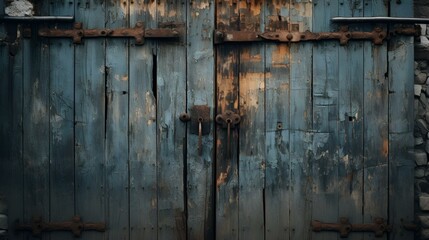  A vector art illustration showcasing an antiquated wooden door with rusty hinges - obrazy, fototapety, plakaty