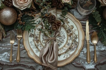 Stylish elegant table setting for festive dinner, banquet flat lay decorations, luxury tablecloth