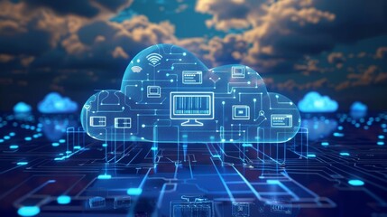 A glowing blue cloud floats above a circuit board. The cloud is filled with icons representing different types of data. The image represents the concept of cloud computing.