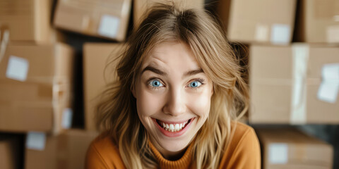 Young smiling woman surrounded by cardboard moving boxes. A housewarming, moving to a new home, renting.