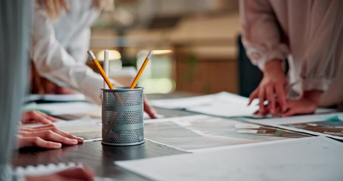 Meeting, desk and hands of business people for design, pattern and color for advertising agency. Creative company, teamwork and workers with documents for planning, collaboration and ideas in office