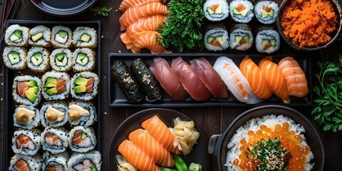 A variety of sushi and sashimi on a dark wooden table including nigiri, maki, and rolls. The sushi is topped with different types of fish, roe, and vegetables.