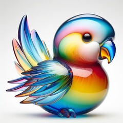 Obraz premium A stunning blown glass sculpture of a playful, cute parrot with seamlessly blended rainbow colors, white background