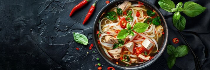 Vietnamese Pho Ga Soup, Japanese Miso Soup with Tofu Cubes, Poultry Meat. Traditional Asian Soup