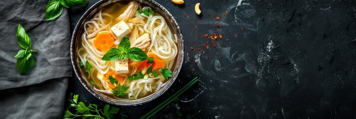 Vietnamese Pho Ga Soup, Japanese Miso Soup with Tofu Cubes, Poultry Meat. Traditional Asian Soup