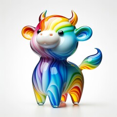 A stunning blown glass sculpture of a playful, cute cow with seamlessly blended rainbow colors, white background
