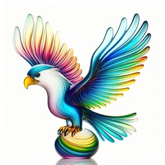 A stunning blown glass sculpture of a playful, cute Eagle with seamlessly blended rainbow colors, white background