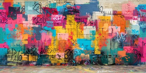 A colorful graffiti covered brick wall with a variety of colors and styles.