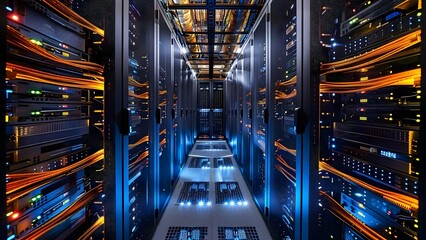 Server room with internet cables for quantum computer network development in company. Concept Server Room Setup, Internet Cabling, Quantum Computing Development, Company Network