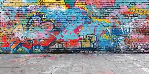 Create a colorful graffiti mural on a brick wall