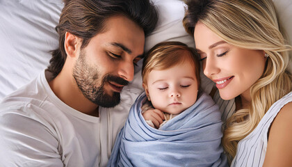 Fototapeta premium A serene portrait of parents with their happy, peaceful, and calm baby