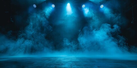 Create a poster for a concert. The stage is dark and empty. Blue spotlights illuminate the stage from above. Blue smoke fills the air.