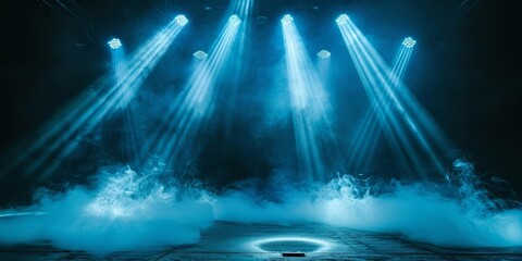 Blue stage lights illuminate an empty stage with smoke.