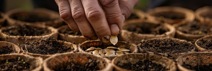 Planting seed to peat pot, sowing pumpkin seeds in soil. Agricultural activity and gardening closeup